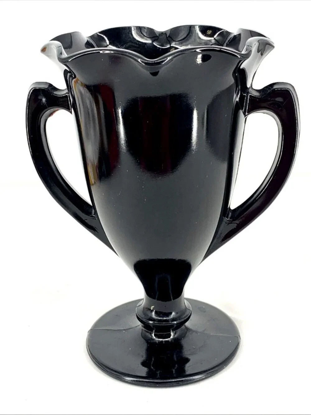 L.E. Smith Black Glass Trophy Vase 1933 Dancing Nymphs Double Handle Ruffled 8